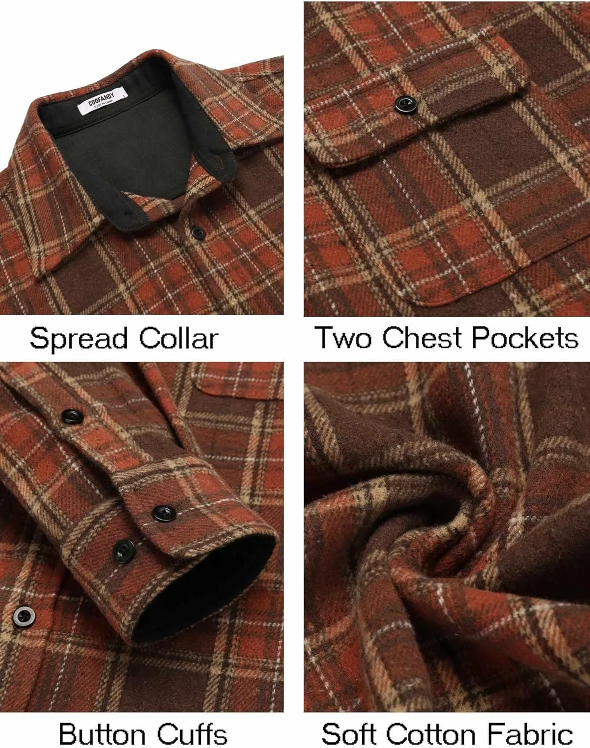 COOFANDY Men's Flannel Shirts Long Sleeve Cotton Plaid Shirt Jacket Casual Button Down Shirt with Pockets