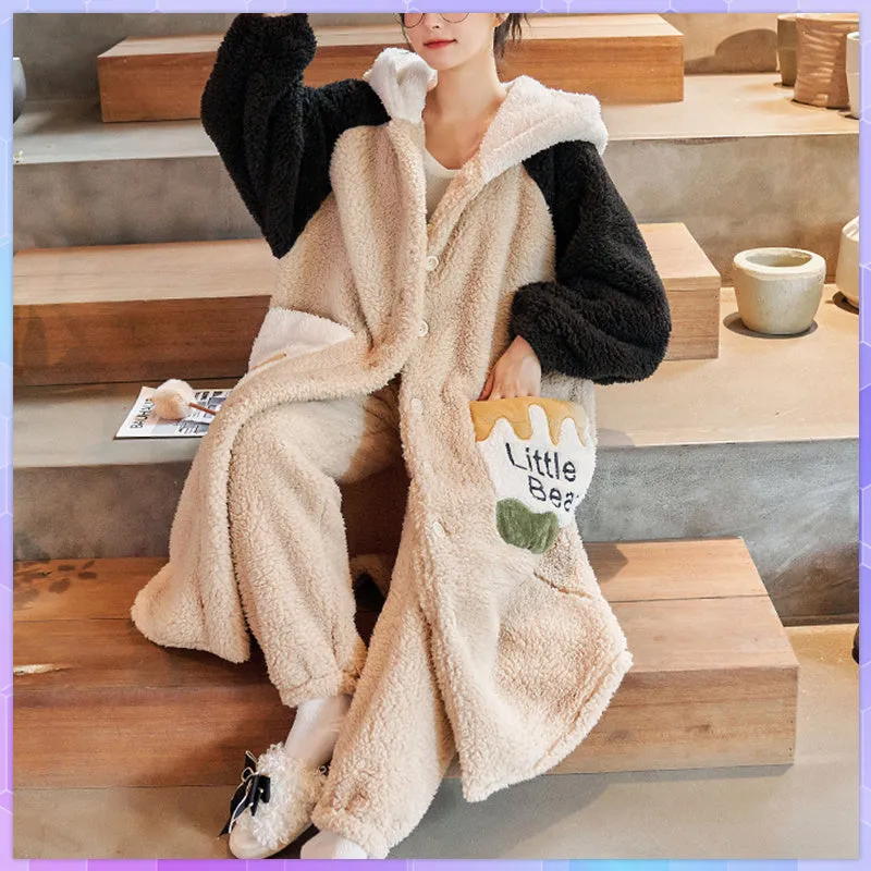 Coral Fleece Nightgown Women Plus Velvet Thickened Flannel Pajamas Can Be Worn Outside Bathrobe Set