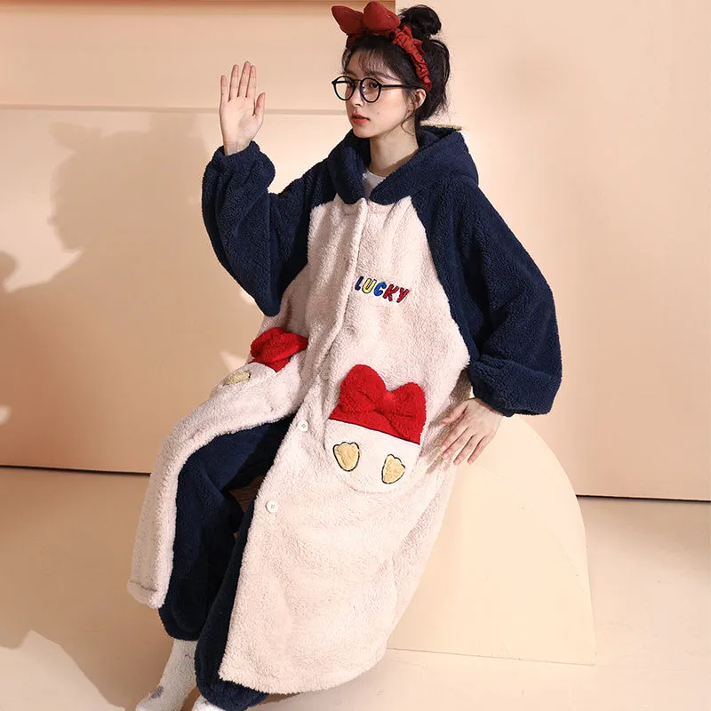 Coral Fleece Nightgown Women Plus Velvet Thickened Flannel Pajamas Can Be Worn Outside Bathrobe Set