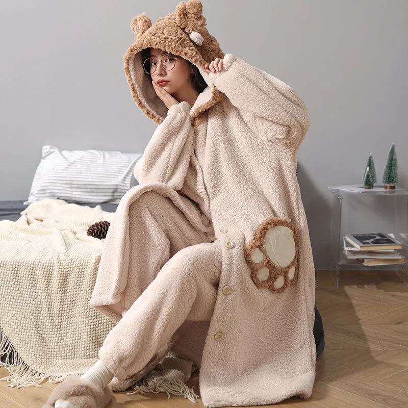Coral Fleece Nightgown Women Plus Velvet Thickened Flannel Pajamas Can Be Worn Outside Bathrobe Set
