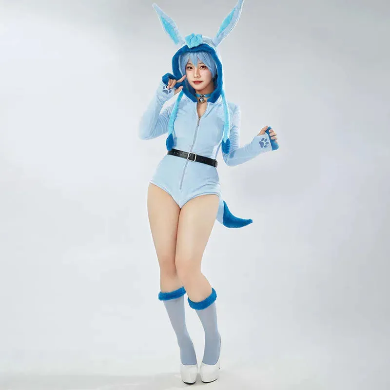 Cosplay Cartoon Bunny Long Ears Zipper Plush Jumpsuit Lingerie