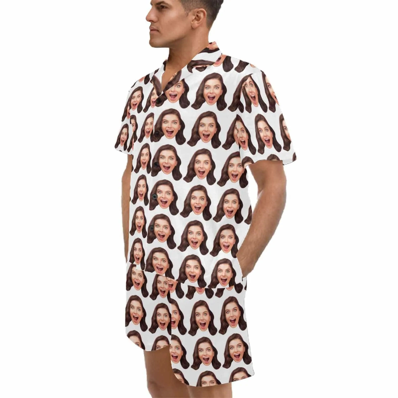 Custom Face Pajamas Surprise Seamless Loungewear Personalized Men's V-Neck Short Sleeve Pajama Set Photo Gifts Birthday