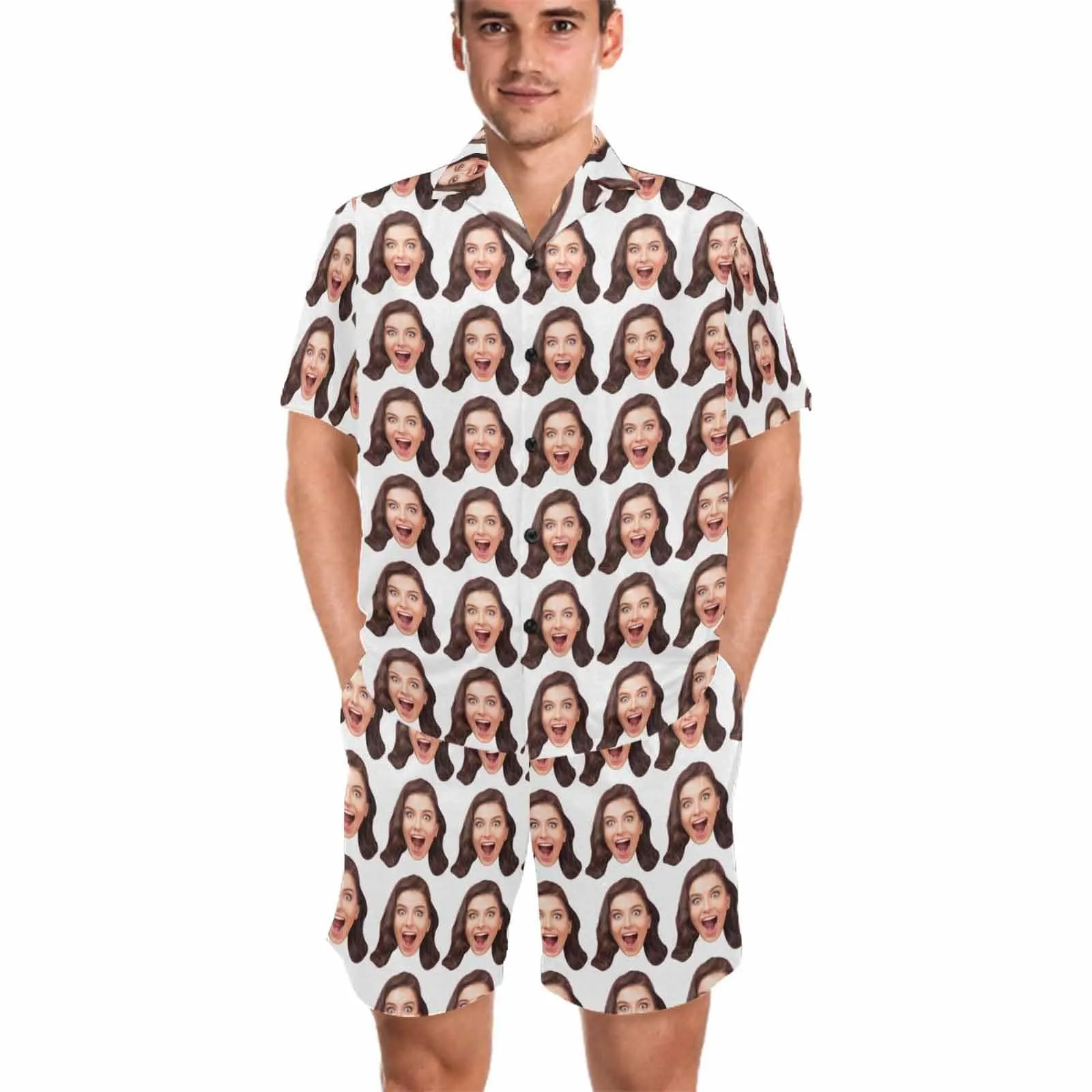 Custom Face Pajamas Surprise Seamless Loungewear Personalized Men's V-Neck Short Sleeve Pajama Set Photo Gifts Birthday