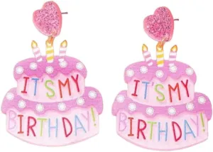 Cute IT'S MY BIRTHDAY Cake Dangle Earrings for Women Acrylic Sweet Pink Earrings Christmas Birthday Jewelry