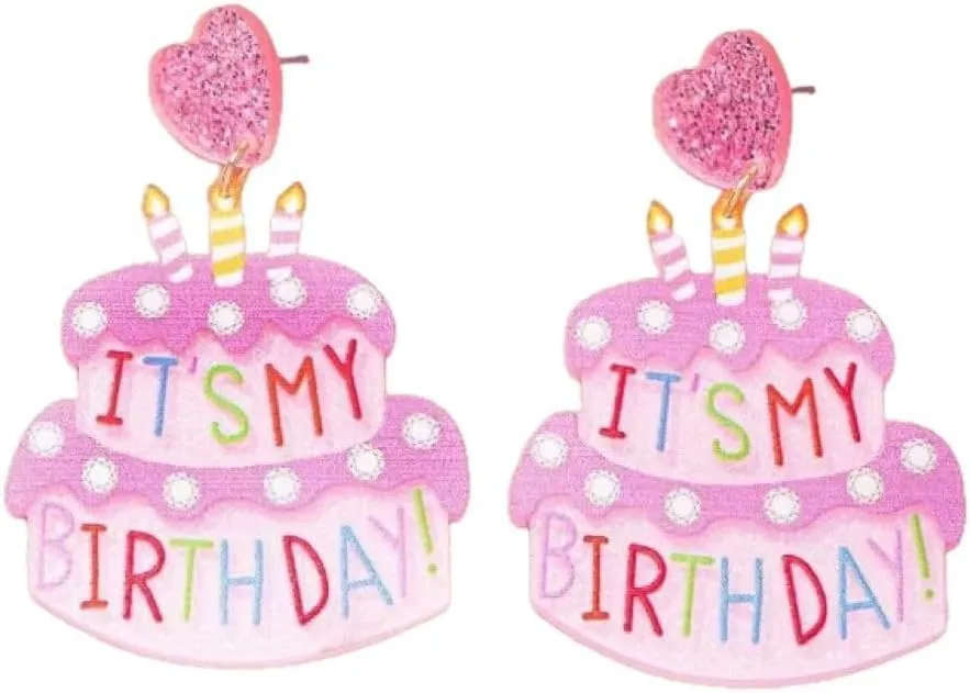 Cute IT'S MY BIRTHDAY Cake Dangle Earrings for Women Acrylic Sweet Pink Earrings Christmas Birthday Jewelry