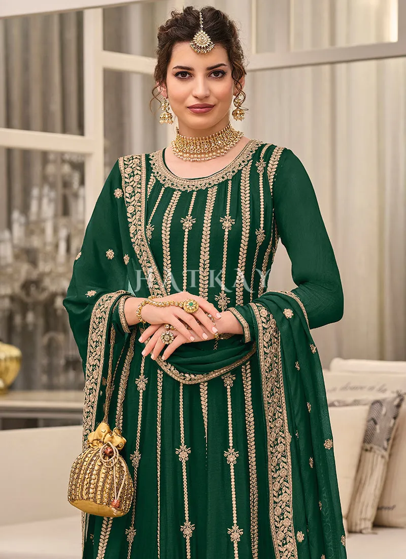 Dark Green Embroidered Palazzo Suit
