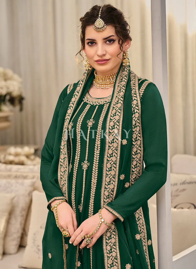Dark Green Embroidered Palazzo Suit