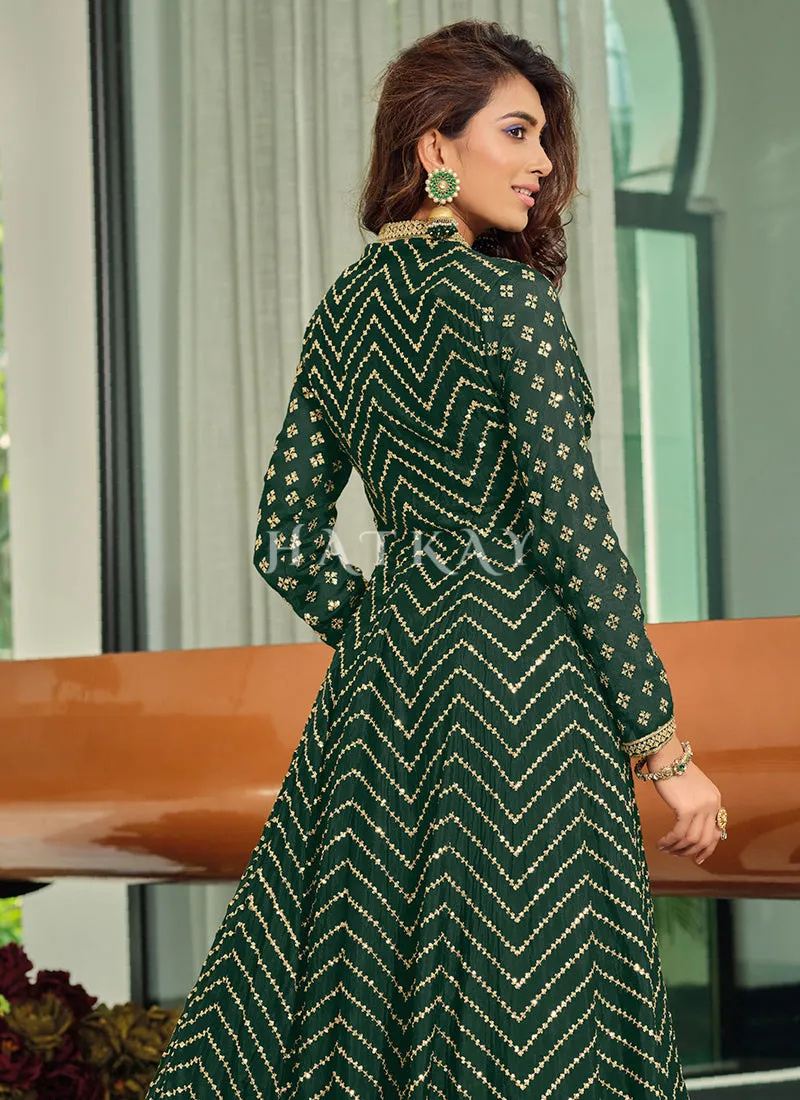Dark Green Sequence Jacket Style Chinon Lehenga
