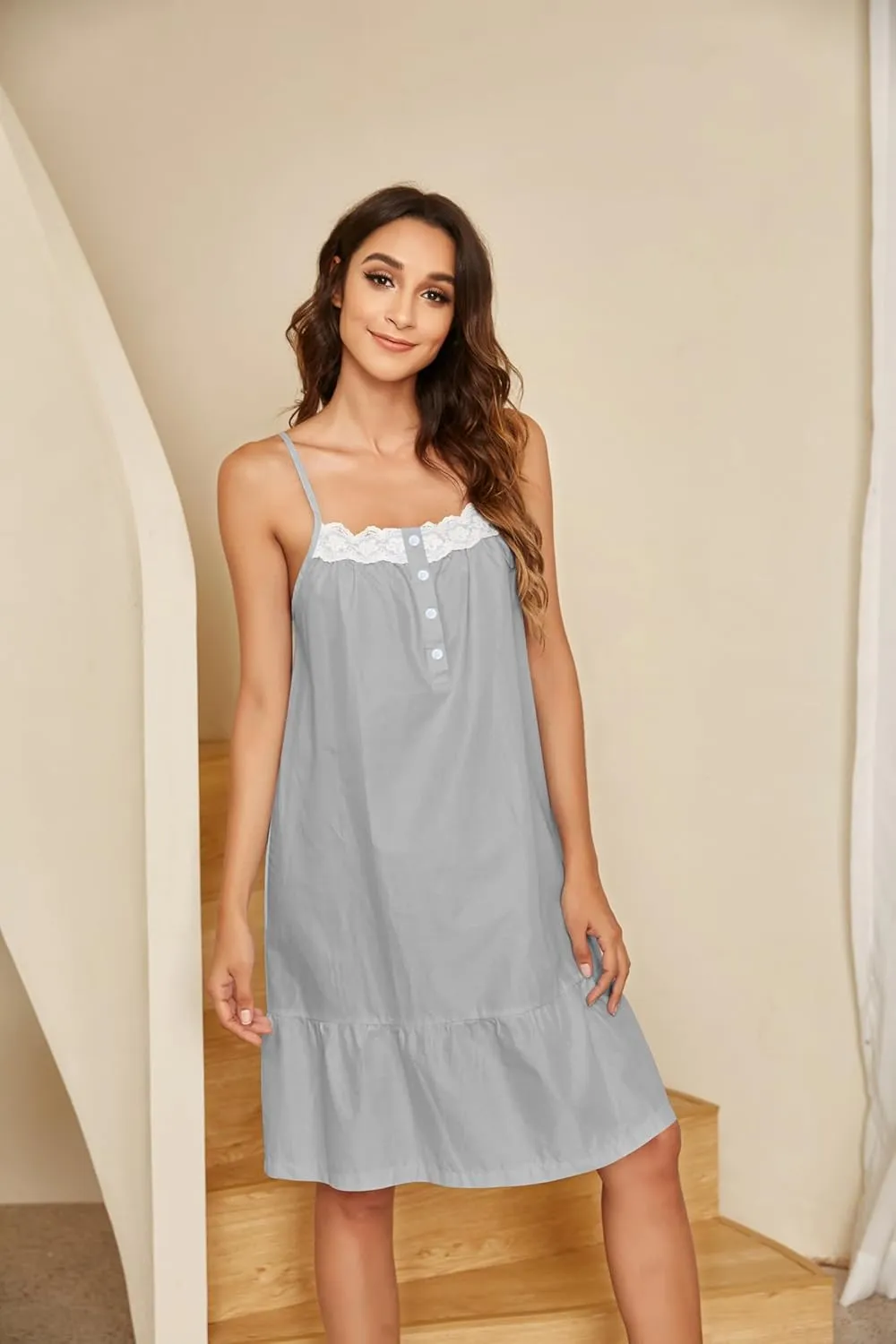 Ekouaer Women's 100% Cotton Lace Nightgown Sleeveless Sleep Dress Victorian Sleepshirt Button Strap Gown
