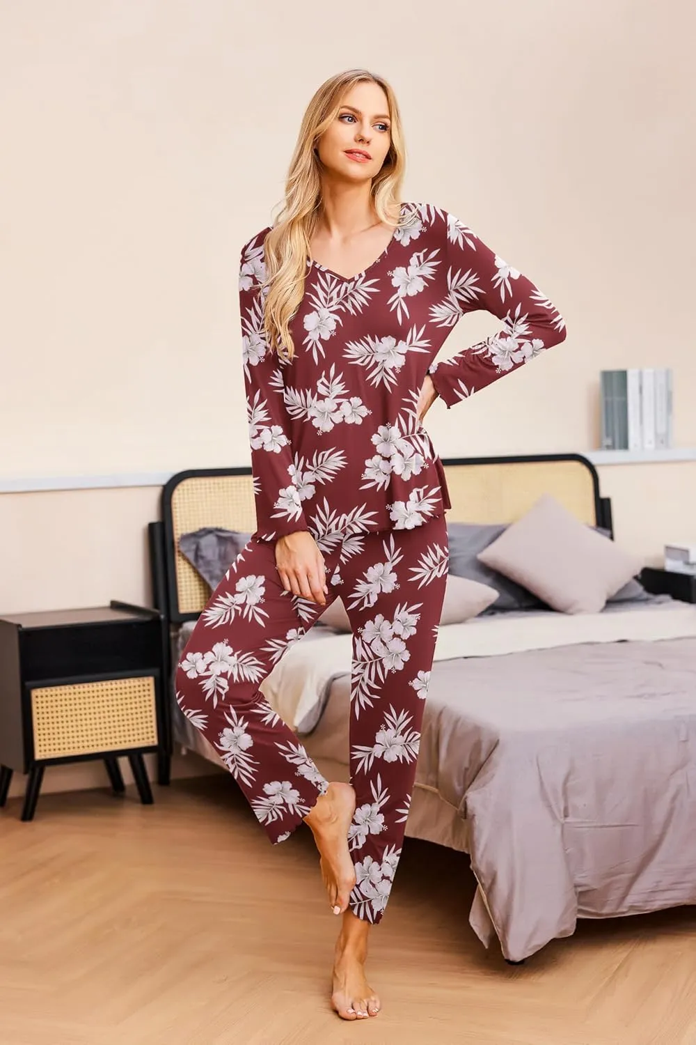 Ekouaer Womens 2 Pack Pajama Set Long Sleeve Pajamas Top and Pants V Neck Pjs Set Soft Sleepwear Loungewear