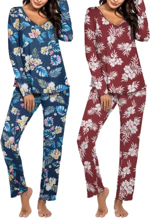 Ekouaer Womens 2 Pack Pajama Set Long Sleeve Pajamas Top and Pants V Neck Pjs Set Soft Sleepwear Loungewear