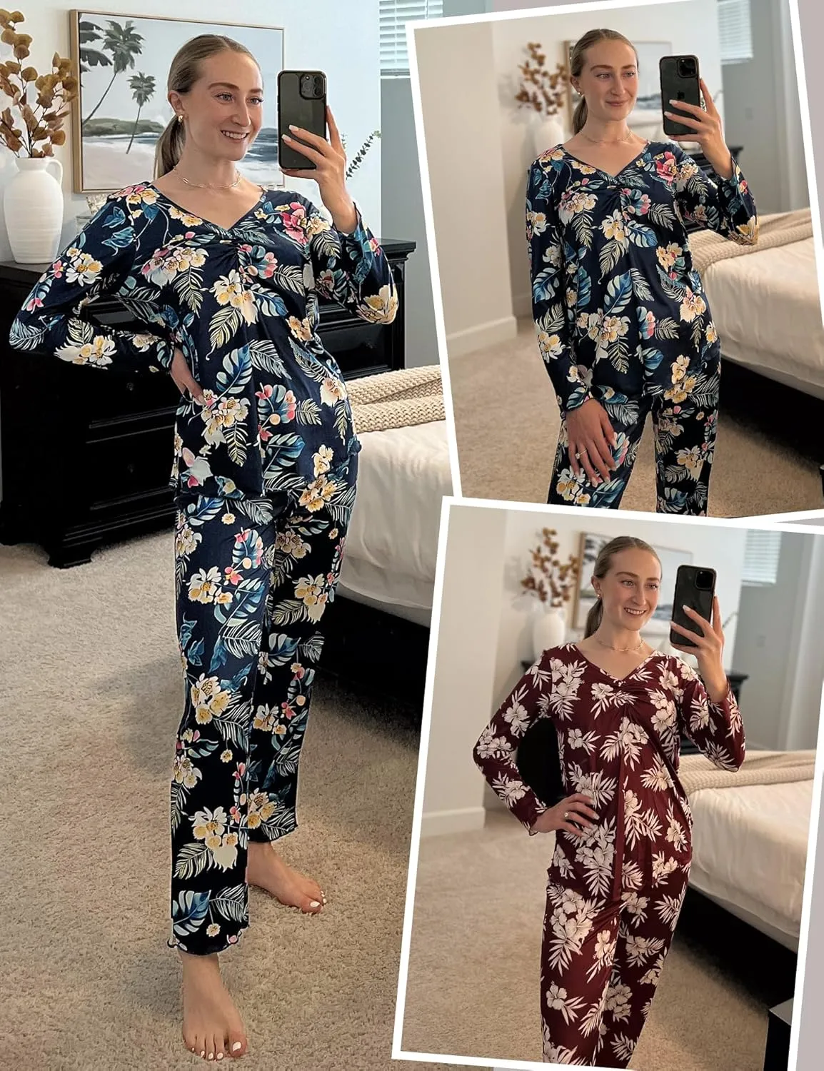 Ekouaer Womens 2 Pack Pajama Set Long Sleeve Pajamas Top and Pants V Neck Pjs Set Soft Sleepwear Loungewear