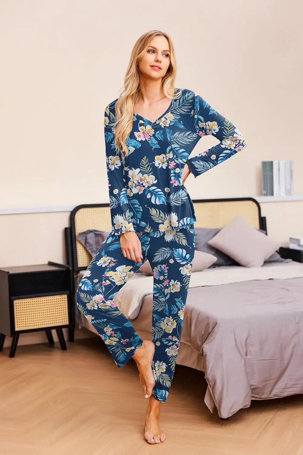 Ekouaer Womens 2 Pack Pajama Set Long Sleeve Pajamas Top and Pants V Neck Pjs Set Soft Sleepwear Loungewear