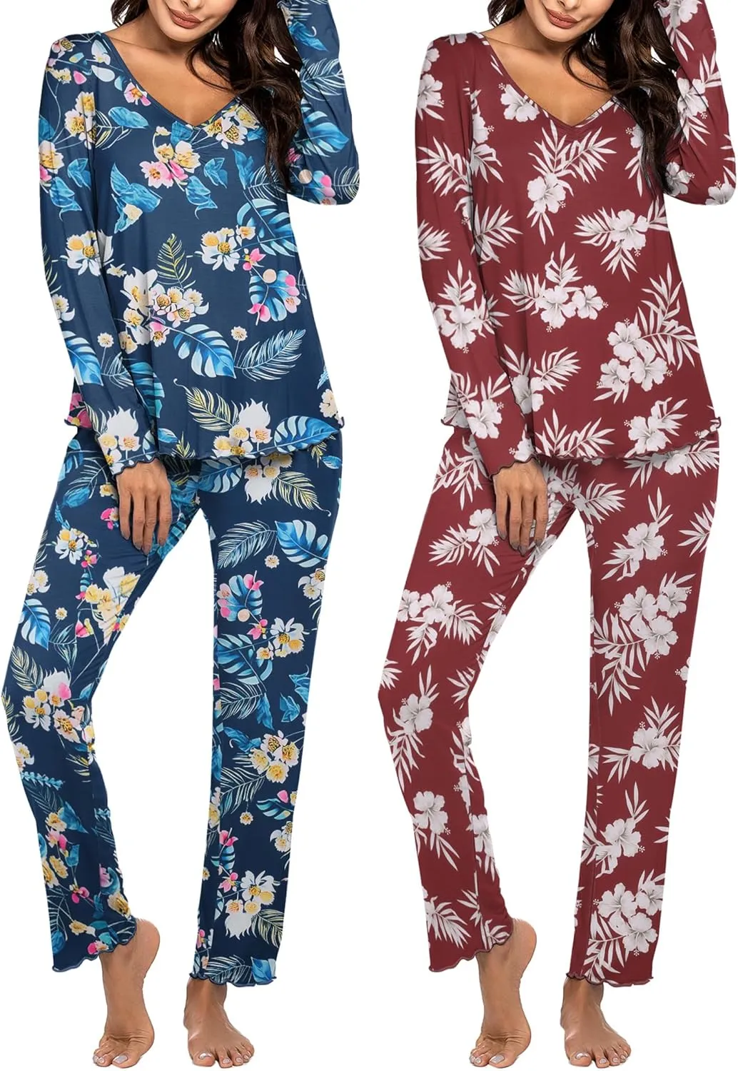 Ekouaer Womens 2 Pack Pajama Set Long Sleeve Pajamas Top and Pants V Neck Pjs Set Soft Sleepwear Loungewear