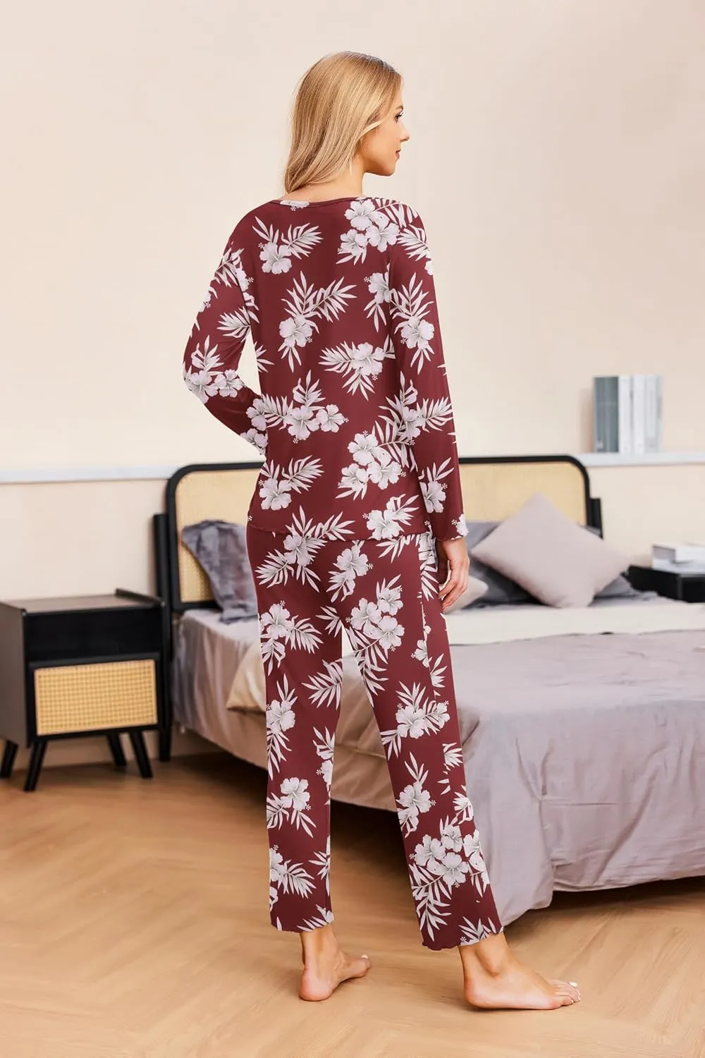 Ekouaer Womens 2 Pack Pajama Set Long Sleeve Pajamas Top and Pants V Neck Pjs Set Soft Sleepwear Loungewear
