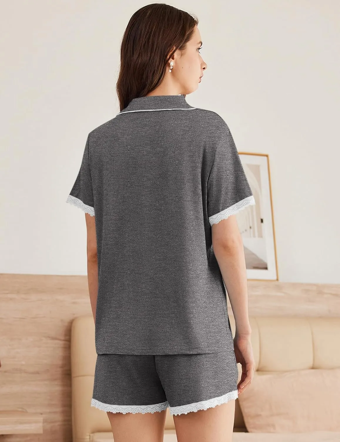 Ekouaer Womens Short Sleeve Pajamas Set Soft Sleepwear Button Down Lounge Set Lace Top and Shorts Pj Nightwear