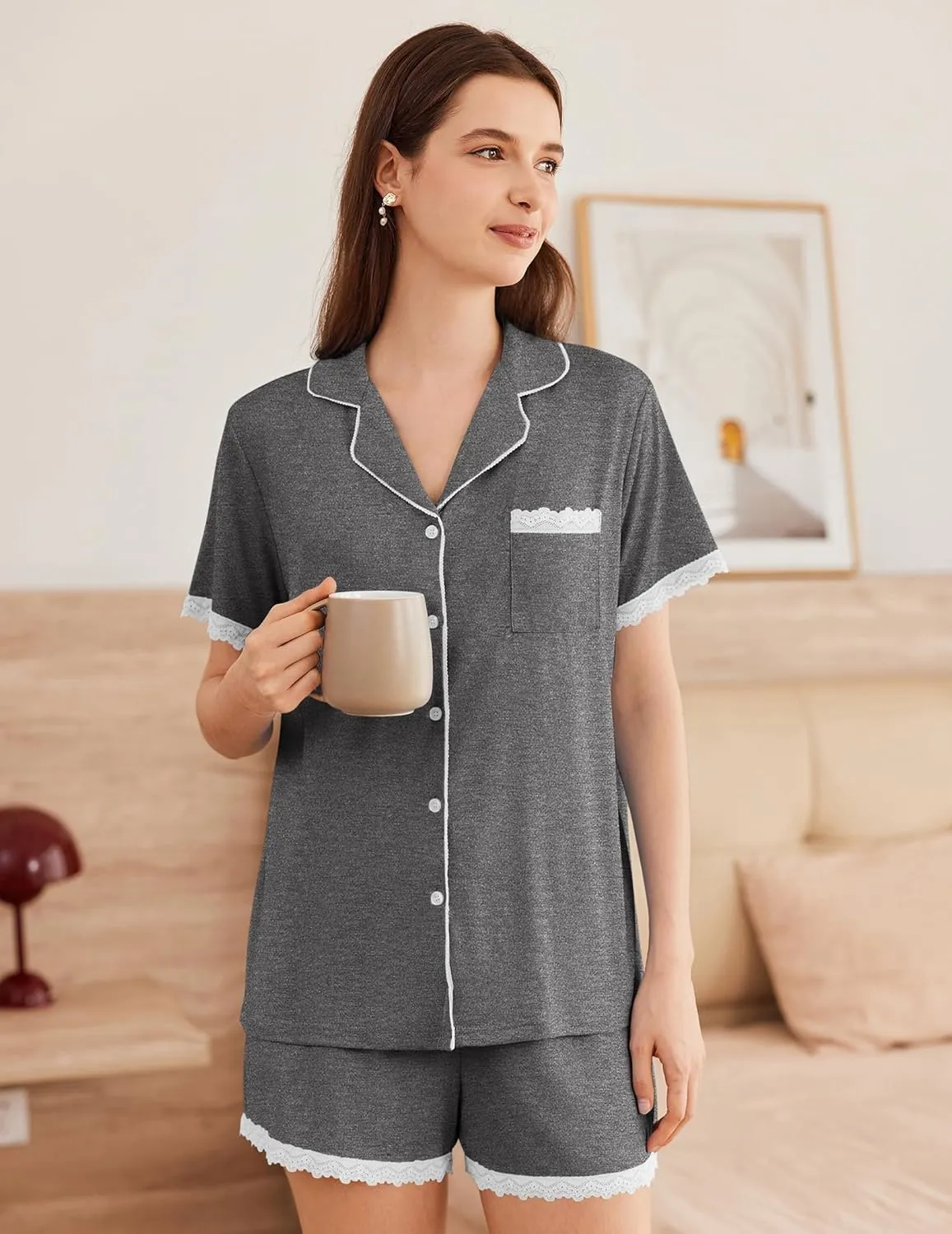 Ekouaer Womens Short Sleeve Pajamas Set Soft Sleepwear Button Down Lounge Set Lace Top and Shorts Pj Nightwear