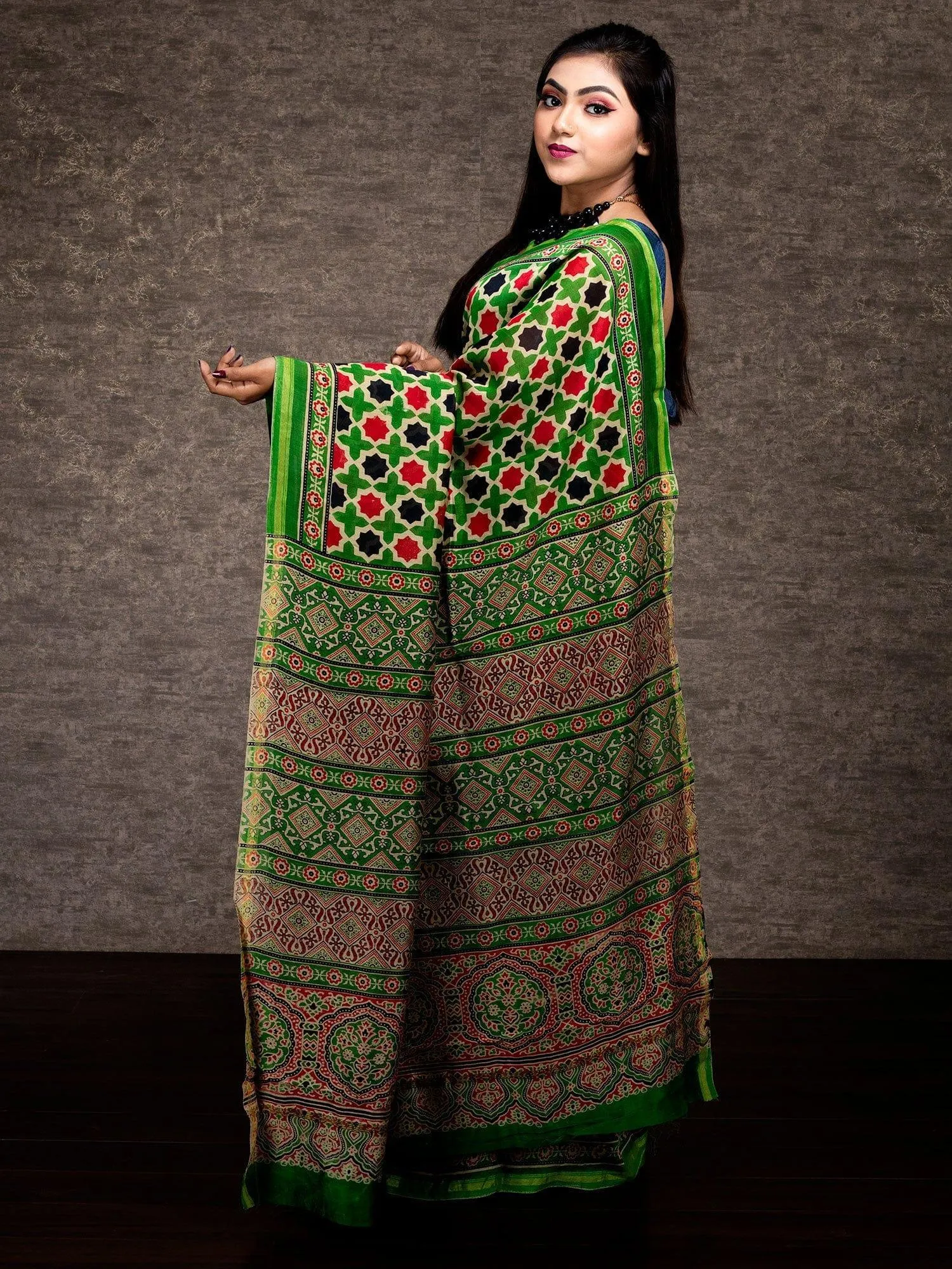 Exceptional Ajrakh Printed Chanderi Silk Saree