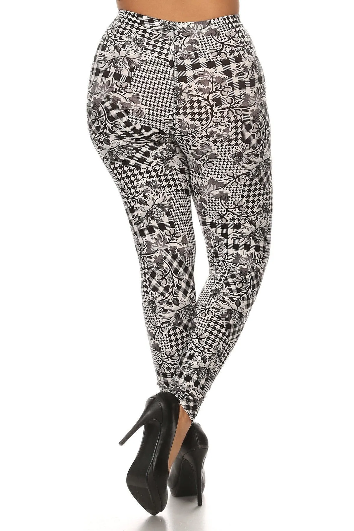 Floral With Hounds Tooth Printed Knit Legging