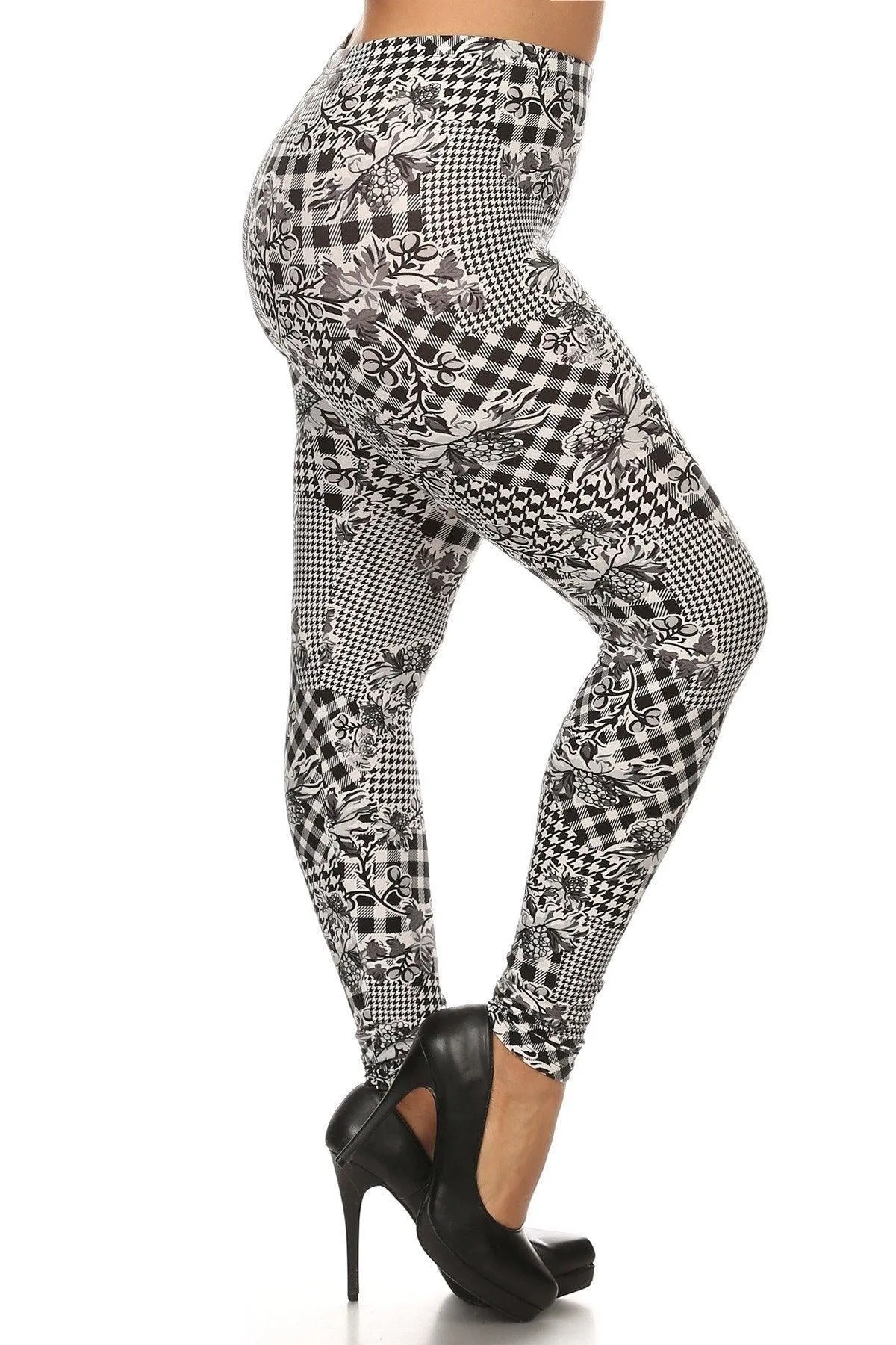 Floral With Hounds Tooth Printed Knit Legging