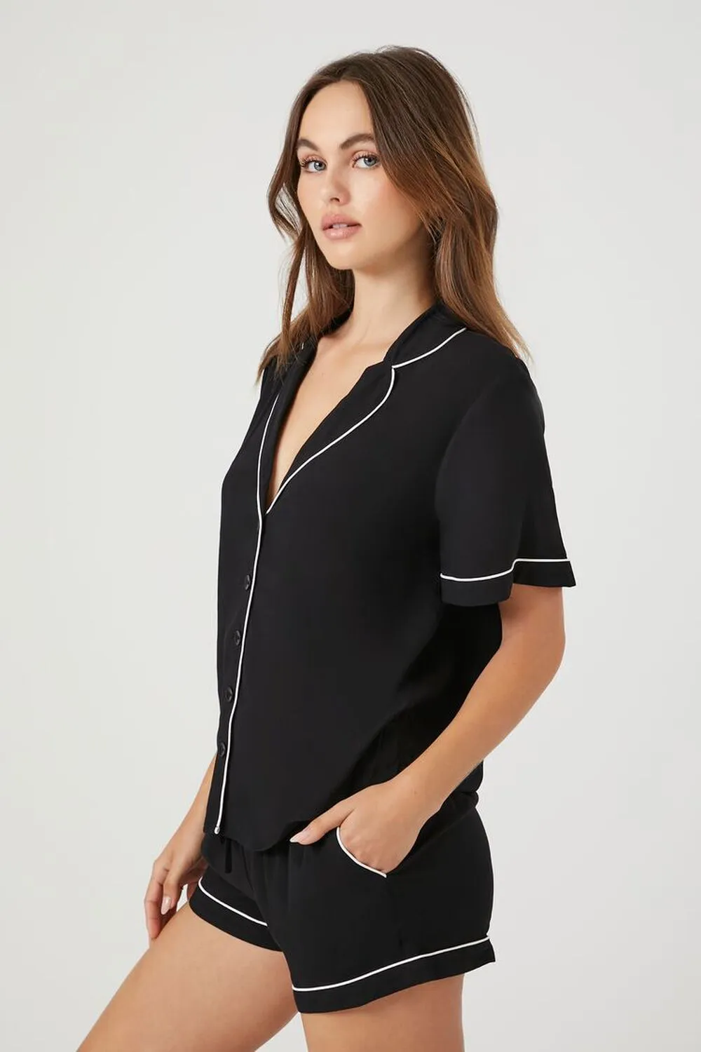 Forever 21 Trim Shirt Shorts Pajama Set, Black