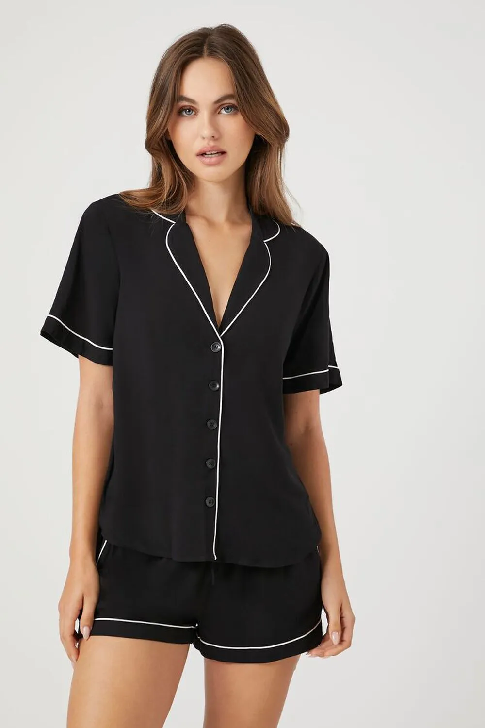 Forever 21 Trim Shirt Shorts Pajama Set, Black