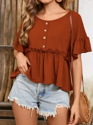 Frill Decorative Button Round Neck Half Sleeve Blouse