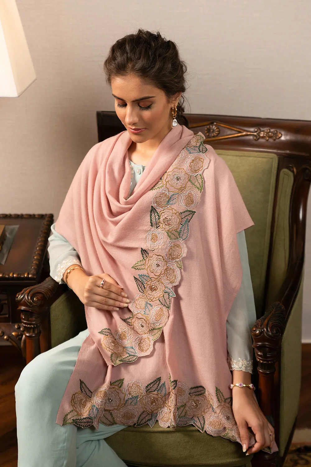 Gold Rose | Embroidered Wool Silk Stole