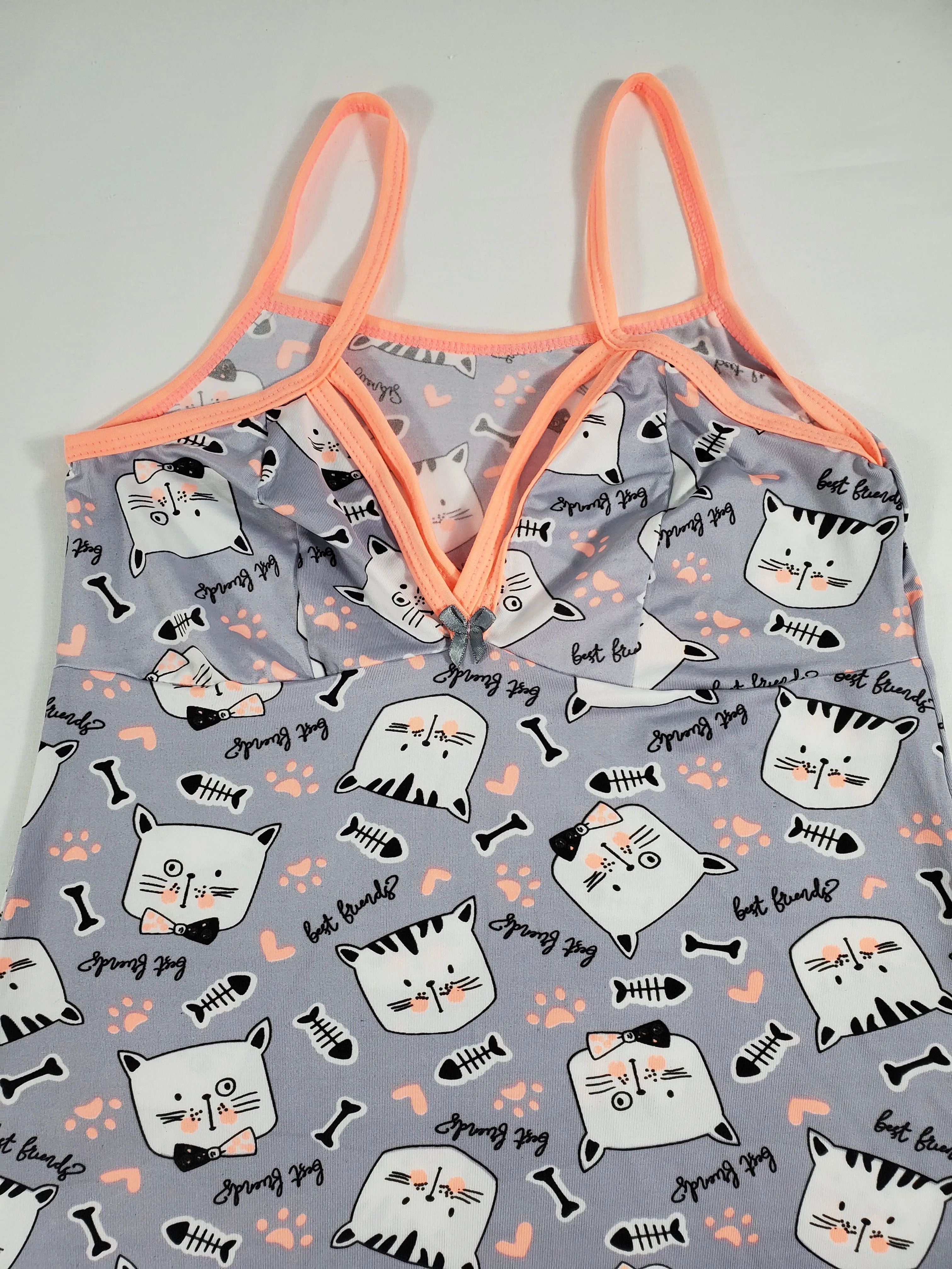 Gray Women's nightie pink trim kitten theme
