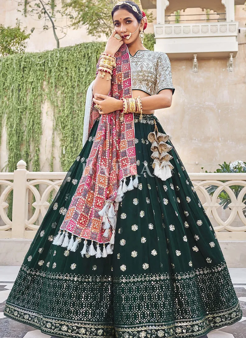 Green And White Embroidered Georgette Lehenga Choli