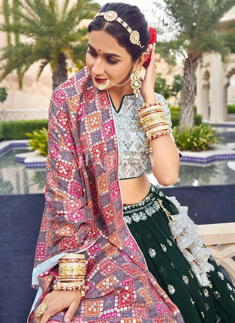 Green And White Embroidered Georgette Lehenga Choli
