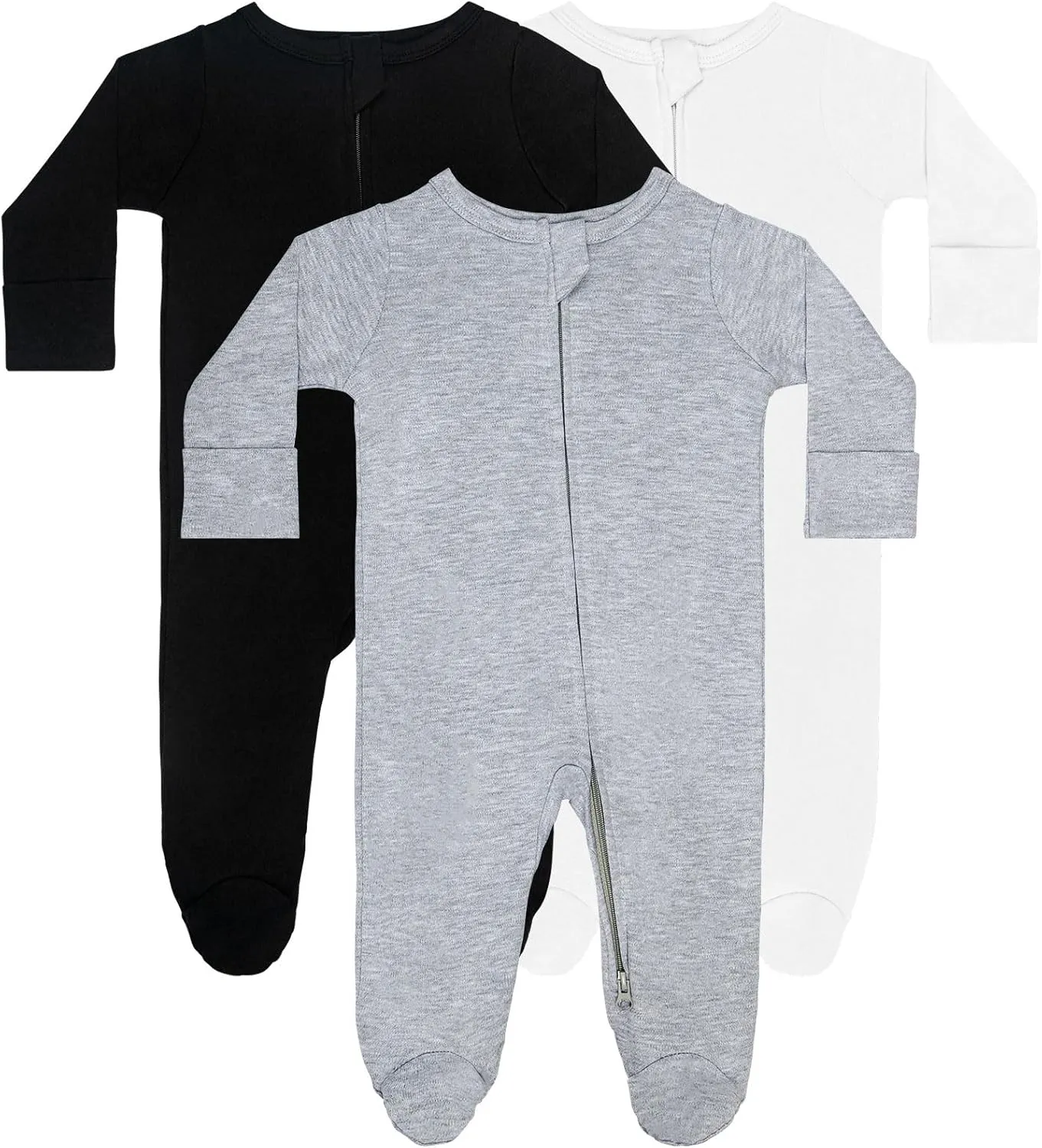 GUISBY Long Sleeve Baby Footed Pajamas with Mittens Cotton Sleepers with Zipper 3-Pack