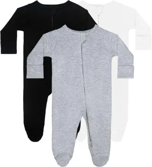 GUISBY Long Sleeve Baby Footed Pajamas with Mittens Cotton Sleepers with Zipper 3-Pack