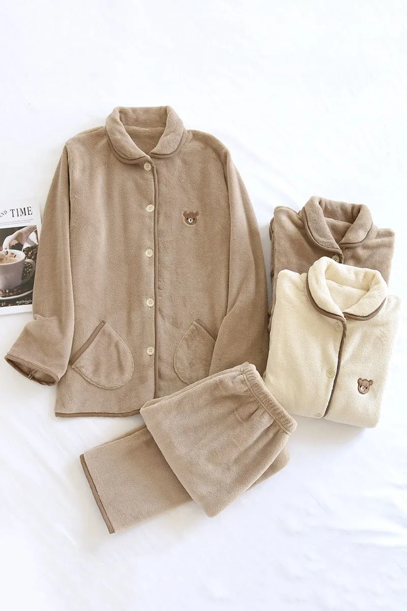 Kawaii Bear Plush Coffee Flannel Pyjamas