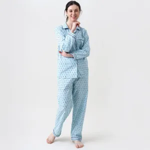 Lily Blockprint Pajama Set for Women (English Blue)