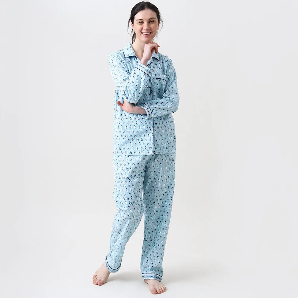 Lily Blockprint Pajama Set for Women (English Blue)