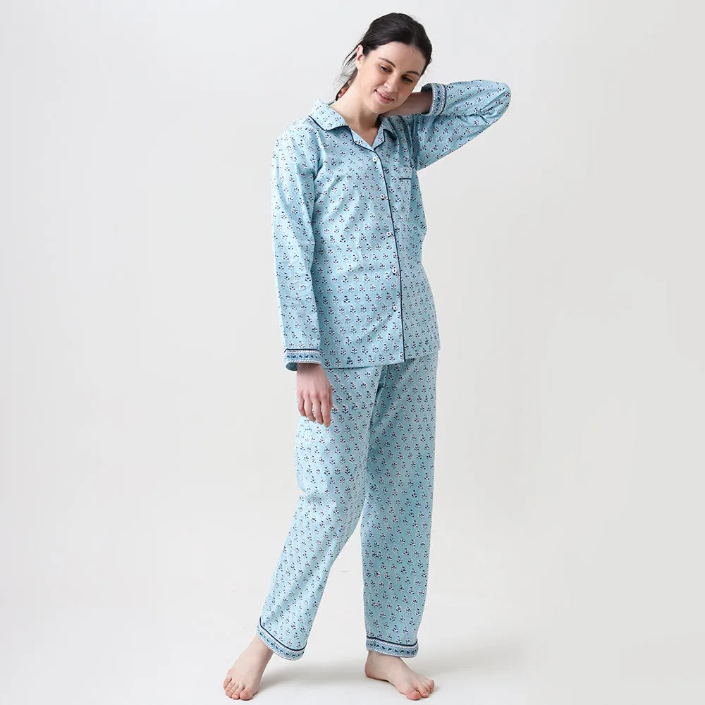 Lily Blockprint Pajama Set for Women (English Blue)
