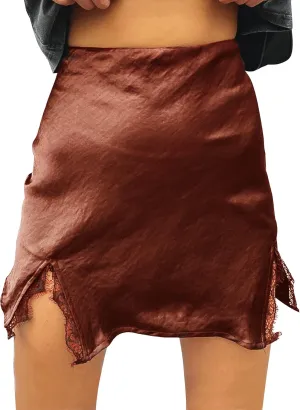 LYANER Women's Satin Silky Lace Trim Split Slit Hem Zipper High Wasit Mini Short Skirt