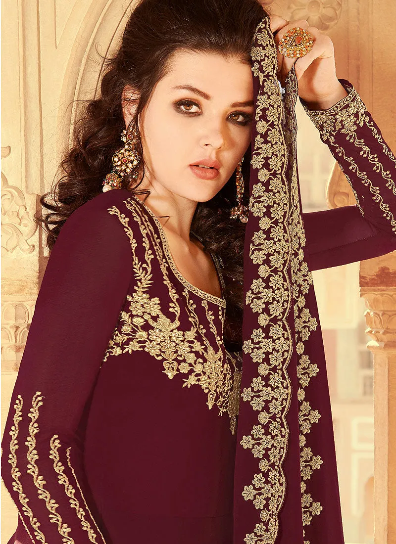 Maroon Golden Embroidered Anarkali Palazzo Suit