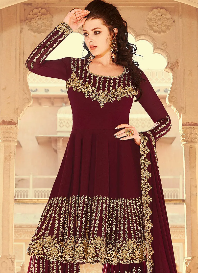 Maroon Golden Embroidered Anarkali Palazzo Suit