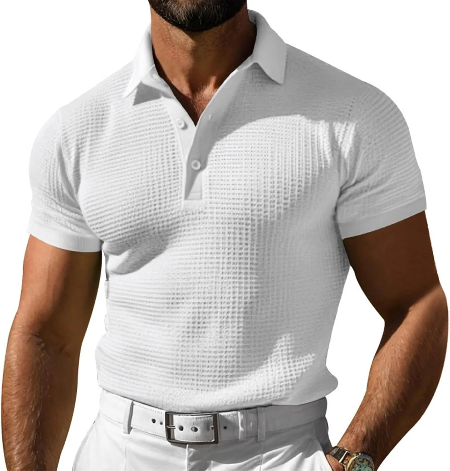 Men's Waffle Knit Polo Shirts Summer Short Sleeve Texture Lightweight Golf Shirts Sweater Muscle T-Shirt Tops
