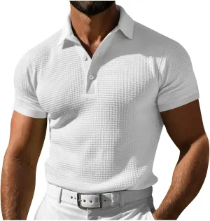Men's Waffle Knit Polo Shirts Summer Short Sleeve Texture Lightweight Golf Shirts Sweater Muscle T-Shirt Tops