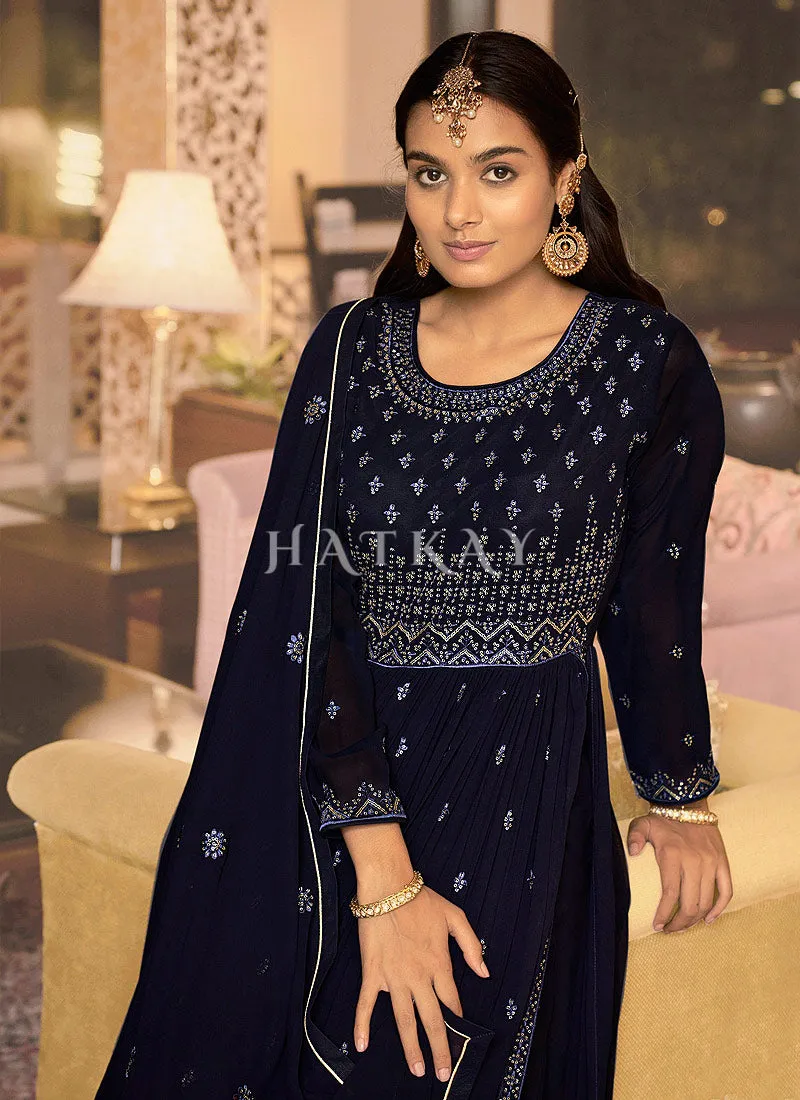Navy Blue Georgette Embroidery High Slit Gharara Suit
