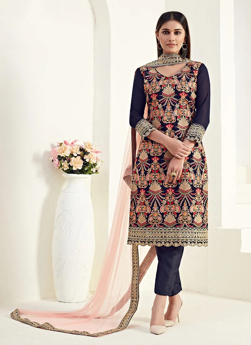 Navy Blue Multi Embroidered Pants Style Suit