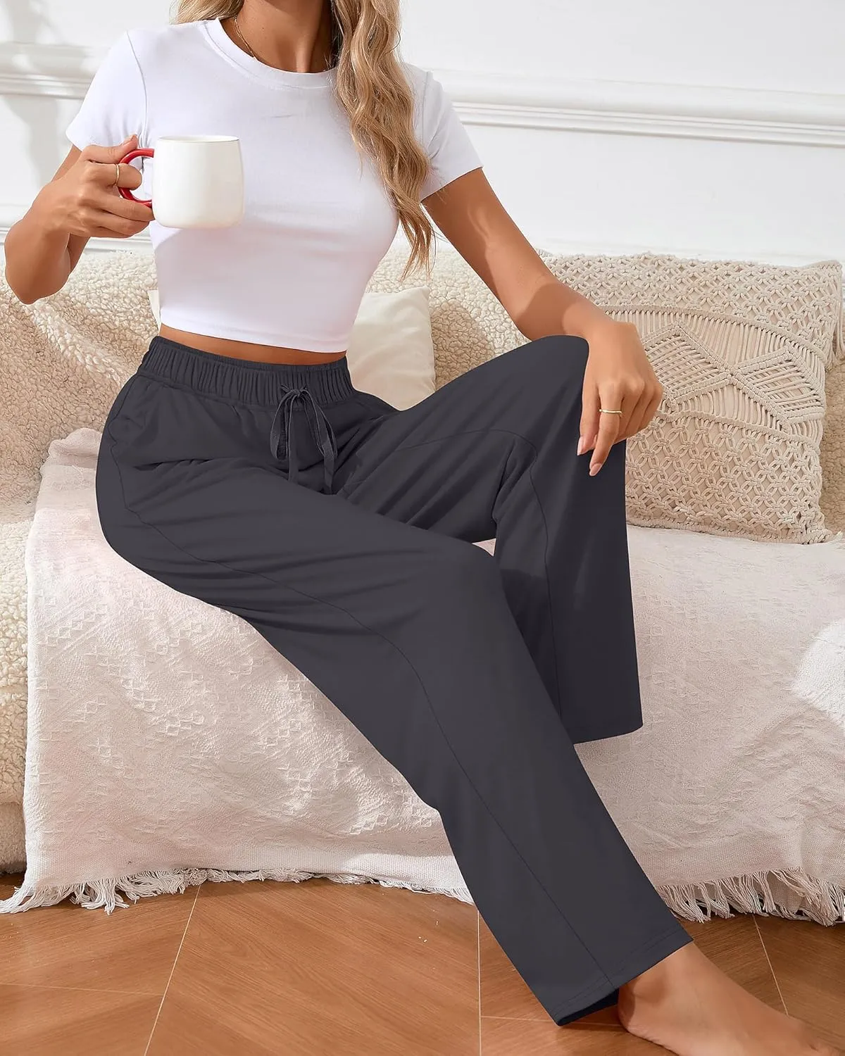 Neer 3 Pack Women's Wide Leg Pants High Waist Sweatpants Yoga Palazzo Drawstring Lounge Pajamas Jogger Pants with Pockets
