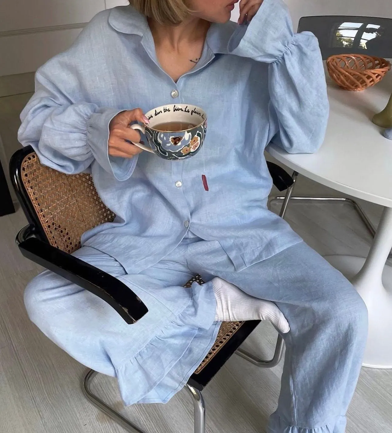 Pajama Set for Womens with High Waisted Pants and Linen Blouse, Linen Soft Sleepwear, Natural Fabric Two Piece Set, Linen Bridal Party Pjs