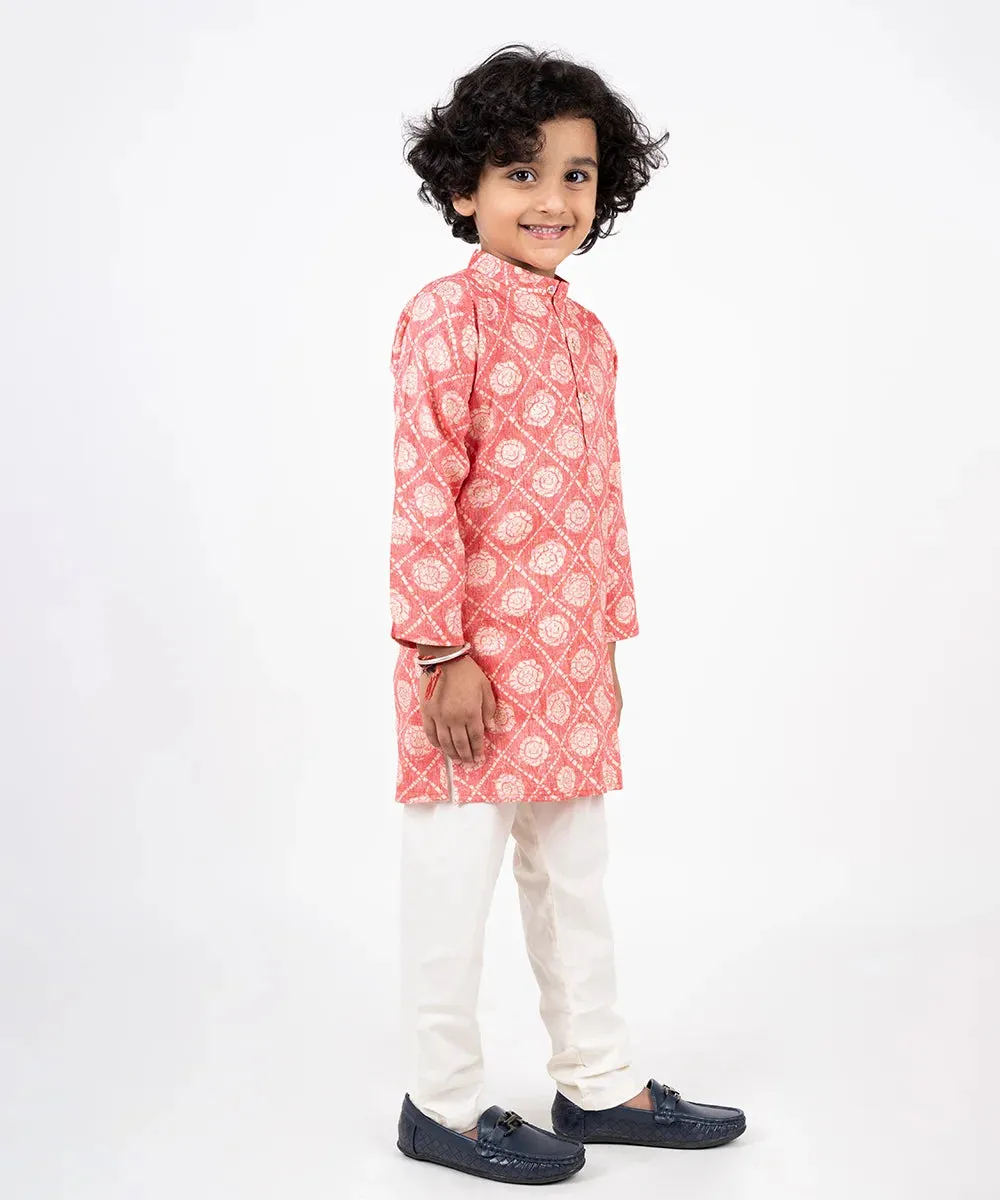 Peach Printed Kurta Pyjama Set for Festive Occasions