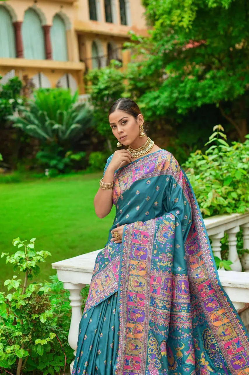 Peacock Blue Kashmiri Pashmina Silk  Saree