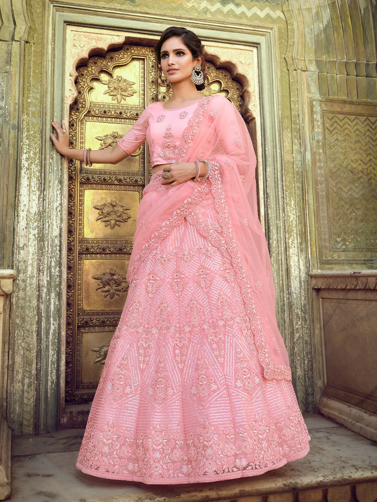 Pink Embroidered Soft Net Semi Stitched Lehenga With Unstitched Blouse