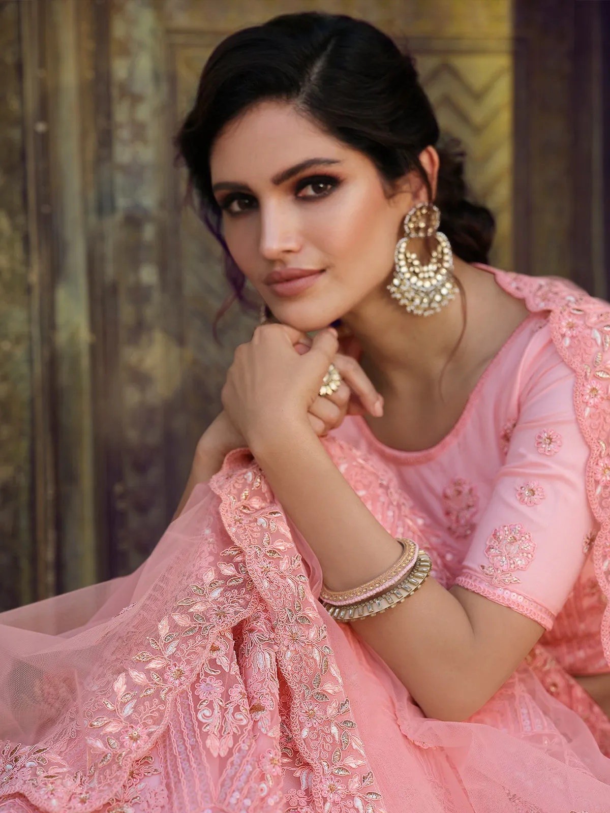 Pink Embroidered Soft Net Semi Stitched Lehenga With Unstitched Blouse